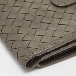 Pre Owned Bottega Veneta Grey Intrecciato Leather French Compact Wallet