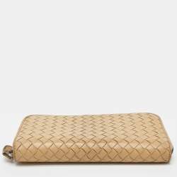 Pre Owned Bottega Veneta Cream Intrecciato Leather Zip Around Wallet