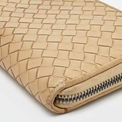 Pre Owned Bottega Veneta Cream Intrecciato Leather Zip Around Wallet