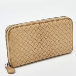 Pre Owned Bottega Veneta Cream Intrecciato Leather Zip Around Wallet