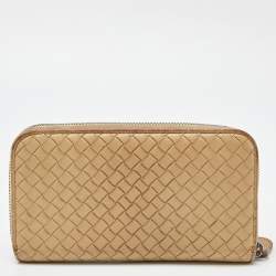 Pre Owned Bottega Veneta Cream Intrecciato Leather Zip Around Wallet