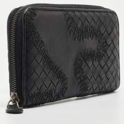 Pre Owned Bottega Veneta Black Intrecciato Leather Wildstitch Zip Around Wallet