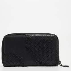 Pre Owned Bottega Veneta Black Intrecciato Leather Wildstitch Zip Around Wallet