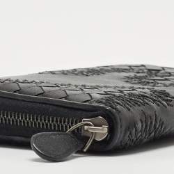 Pre Owned Bottega Veneta Black Intrecciato Leather Wildstitch Zip Around Wallet