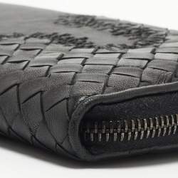 Pre Owned Bottega Veneta Black Intrecciato Leather Wildstitch Zip Around Wallet