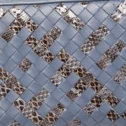 مملوكة مسبقًا Bottega Veneta Light Blue Intrecciato Leather and Watersnake Zip Around Continental Wallet