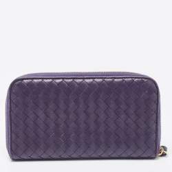 Pre Owned Bottega Veneta Purple Intrecciato Leather Zip Around Wallet