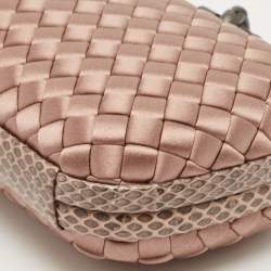 Pre Owned Bottega Veneta Pink Satin and Watersnake Leather Trim Knot Clutch