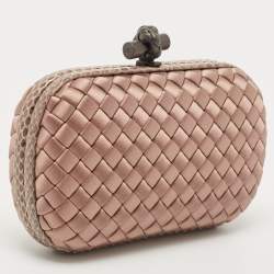 Pre Owned Bottega Veneta Pink Satin and Watersnake Leather Trim Knot Clutch