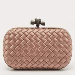 Pre Owned Bottega Veneta Pink Satin and Watersnake Leather Trim Knot Clutch