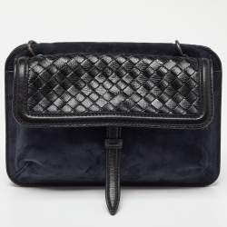 مملوكة مسبقًا Bottega Veneta Blue/Black Intrecciato Suede and Karung Leather Crossbody Bag