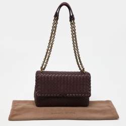 Pre Owned Bottega Veneta Burgundy Intrecciato Leather Olimpia Flap Shoulder Bag