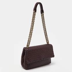 Pre Owned Bottega Veneta Burgundy Intrecciato Leather Olimpia Flap Shoulder Bag