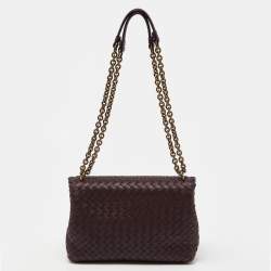Pre Owned Bottega Veneta Burgundy Intrecciato Leather Olimpia Flap Shoulder Bag