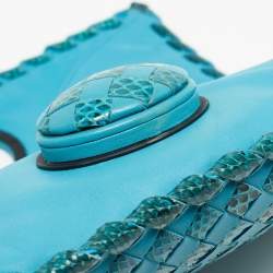 Pre Owned Bottega Veneta Light Blue Intrecciato Leather and Watersnake Twist Lock Flap Clutch