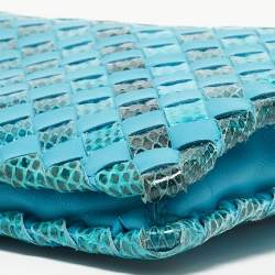 Pre Owned Bottega Veneta Light Blue Intrecciato Leather and Watersnake Twist Lock Flap Clutch