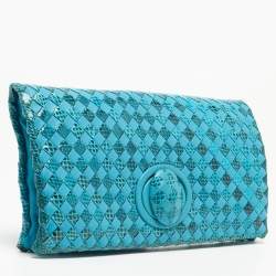 Pre Owned Bottega Veneta Light Blue Intrecciato Leather and Watersnake Twist Lock Flap Clutch