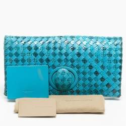 Pre Owned Bottega Veneta Light Blue Intrecciato Leather and Watersnake Twist Lock Flap Clutch