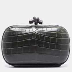 Pre Owned Bottega Veneta Dark Green Crocodile Knot Clutch