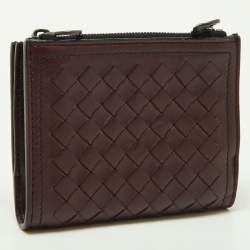Pre Owned Bottega Veneta Burgundy Intrecciato Leather Bifold Wallet