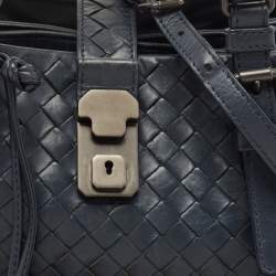 Pre Owned Bottega Veneta Navy Blue Intrecciato Leather Mini Roma Tote