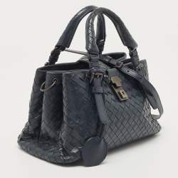 Pre Owned Bottega Veneta Navy Blue Intrecciato Leather Mini Roma Tote
