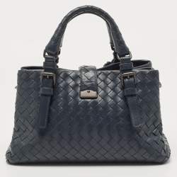 Pre Owned Bottega Veneta Navy Blue Intrecciato Leather Mini Roma Tote