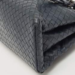 Pre Owned Bottega Veneta Navy Blue Intrecciato Leather Mini Roma Tote