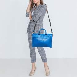 Pre Owned Bottega Veneta Blue Intrecciato Leather Zip Briefcase Bag