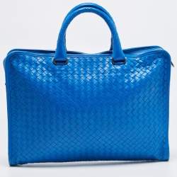 Pre Owned Bottega Veneta Blue Intrecciato Leather Zip Briefcase Bag