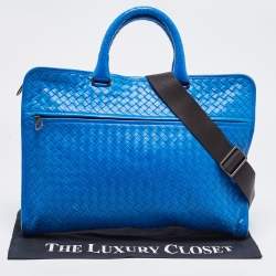 Pre Owned Bottega Veneta Blue Intrecciato Leather Zip Briefcase Bag