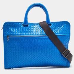 Pre Owned Bottega Veneta Blue Intrecciato Leather Zip Briefcase Bag
