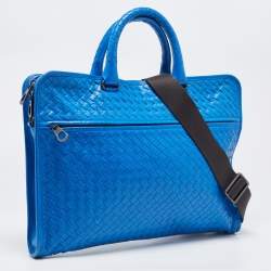 Pre Owned Bottega Veneta Blue Intrecciato Leather Zip Briefcase Bag