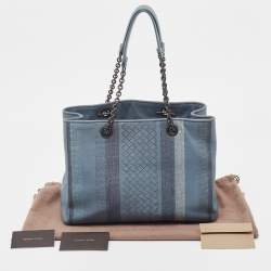 Pre Owned Bottega Veneta Light Blue Intrecciato Leather Stripe Chain Tote