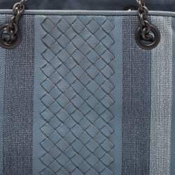 Pre Owned Bottega Veneta Light Blue Intrecciato Leather Stripe Chain Tote