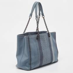 Pre Owned Bottega Veneta Light Blue Intrecciato Leather Stripe Chain Tote