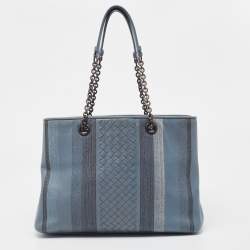 Pre Owned Bottega Veneta Light Blue Intrecciato Leather Stripe Chain Tote