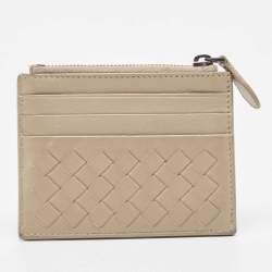 Pre Owned Bottega Veneta Grey Intrecciato Leather Zip Card Holder
