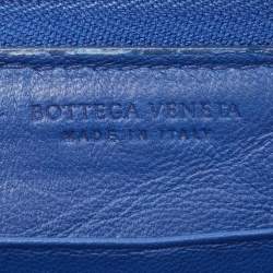Pre Owned Bottega Veneta Blue Intrecciato Leather Zip Around Wallet