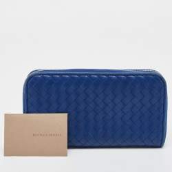Pre Owned Bottega Veneta Blue Intrecciato Leather Zip Around Wallet
