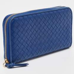 Pre Owned Bottega Veneta Blue Intrecciato Leather Zip Around Wallet