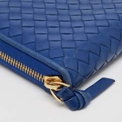 Pre Owned Bottega Veneta Blue Intrecciato Leather Zip Around Wallet