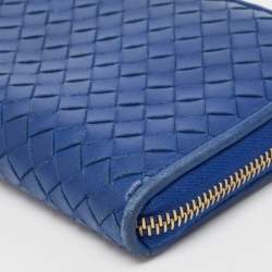 Pre Owned Bottega Veneta Blue Intrecciato Leather Zip Around Wallet