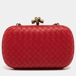 Pre Owned Bottega Veneta Red Intrecciato Leather Knot Chain Clutch
