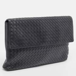 Pre Owned Bottega Veneta Black Intrecciato Leather Flap Snap Pouch