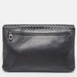 Pre Owned Bottega Veneta Black Intrecciato Leather Flap Snap Pouch