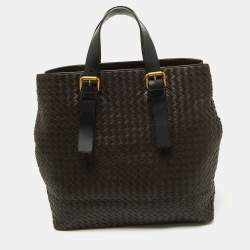 Pre Owned Bottega Venetta Dark Brown Intrecciato Buckle Handle Tote