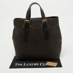 Pre Owned Bottega Venetta Dark Brown Intrecciato Buckle Handle Tote