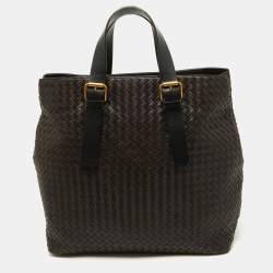 Pre Owned Bottega Venetta Dark Brown Intrecciato Buckle Handle Tote