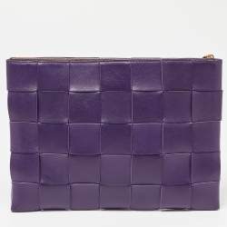 Pre Owned Bottega Veneta Purple Intrecciato Leather Zip Clutch